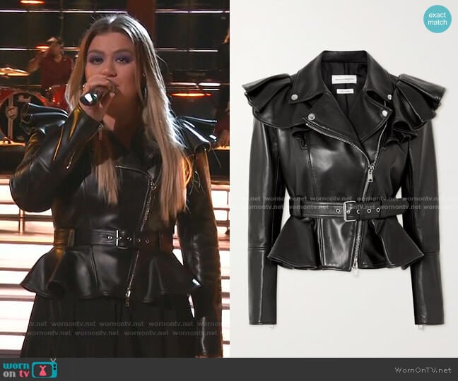 Belted Ruffled Leather Biker Jacket by Alexander McQueen worn by Kelly Clarkson on The Voice