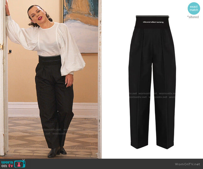 Logo Waistband Wide-Leg Trousers by Alexander Wang worn by Maggie (Debi Mazar) on Younger