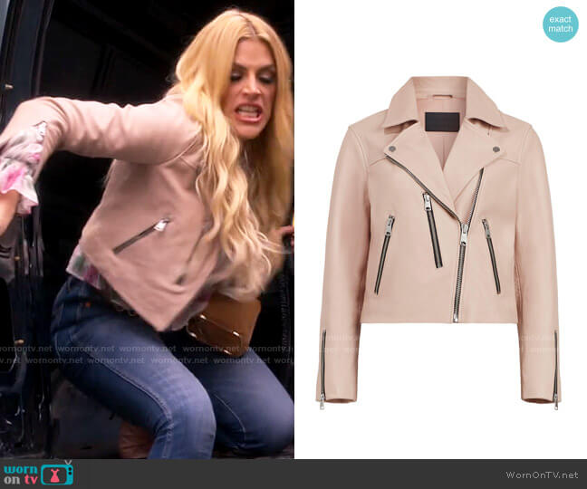 All Saints Kassia Leather Jacket in Peony Pink worn by Summer Dutkowsky (Busy Philipps) on Girls5eva