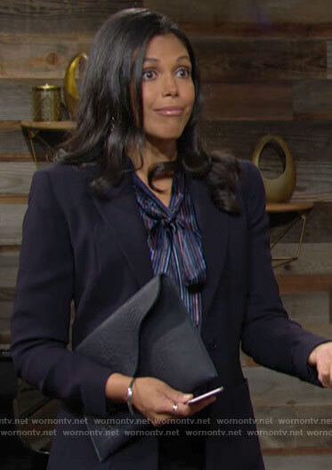 Amanda’s purple and blue tie neck blouse on The Young and the Restless