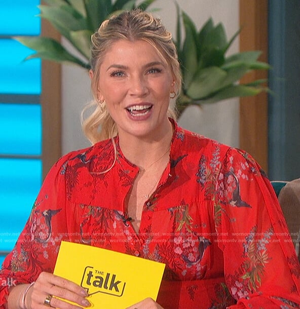 Amanda’s red floral print dress on The Talk