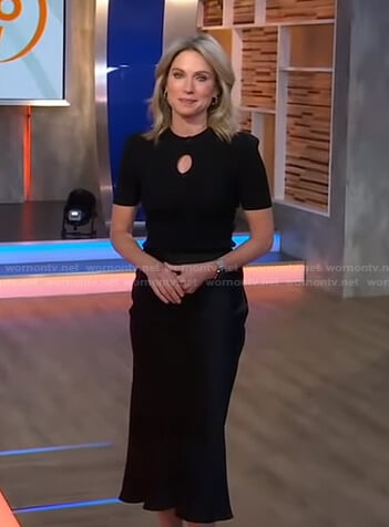 Amy’s black keyhole top and satin skirt on Good Morning America