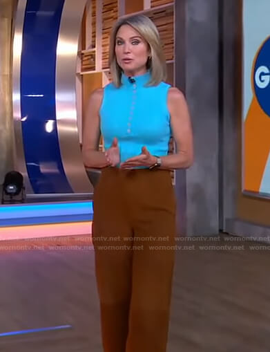 Amy’s blue sleeveless top and brown suede pants on Good Morning America