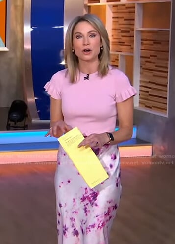 WornOnTV: Amy’s pink ruffle sleeve top and tie dye skirt on Good ...