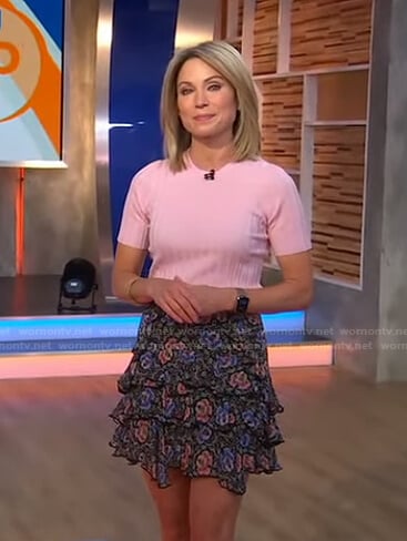 Amy’s pink ribbed top and floral mini skirt on Good Morning America