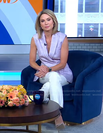 Amy’s purple plaid vest and white pants on Good Morning America