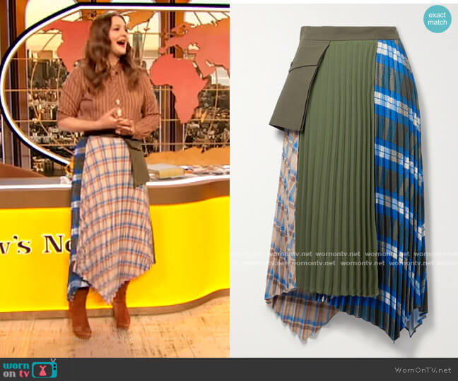 Paneled asymmetric checked twill, crepe and cotton-canvas skirt by Andersson Bell worn by Drew Barrymore  on The Drew Barrymore Show
