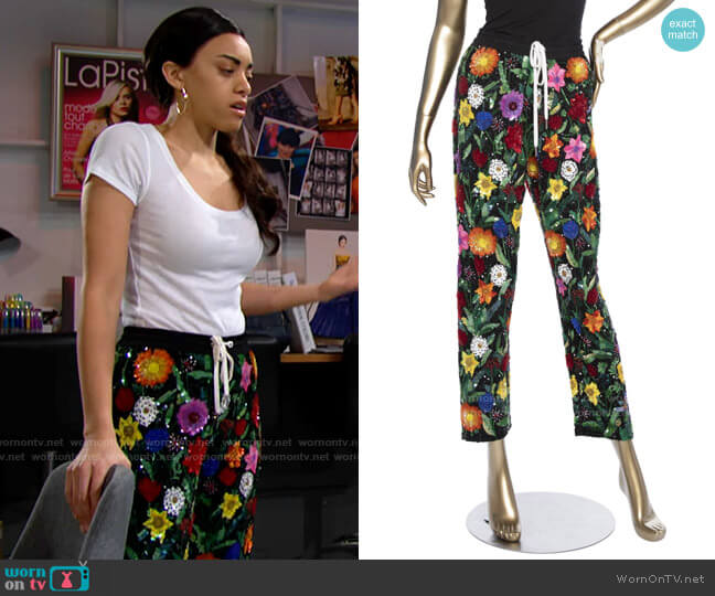 Ashish Floral Sequin Pants worn by Zoe (Kiara Barnes) on The Bold and the Beautiful