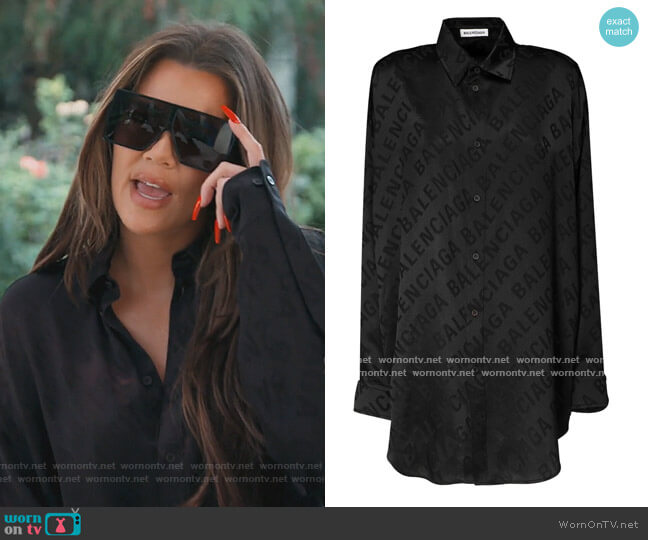 Oversized Logo Jacquard Satin Shirt by Balenciaga worn by Khloe Kardashian on Keeping Up with the Kardashians