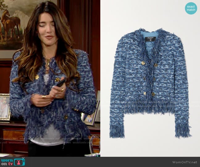 Balmain Button-embellished fringed tweed blazer worn by Steffy Forrester (Jacqueline MacInnes Wood) on The Bold and the Beautiful