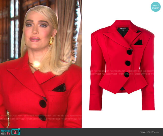 Asymmetric Button-Fastening Jacket by Balmain worn by Erika Jayne on The Real Housewives of Beverly Hills