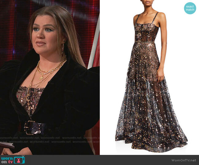 Midnite Noir Sequin Embellished Gown by Bronx and Banco worn by Kelly Clarkson  on The Voice