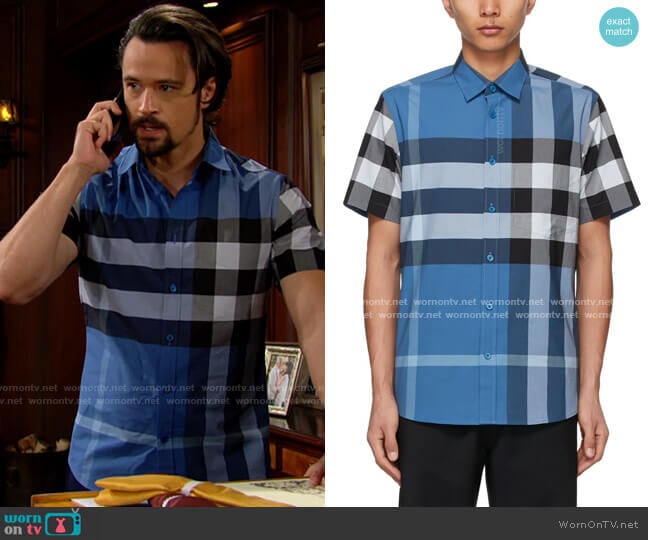 Burberry Blue Stretch Poplin Check Short Sleeve Shirt worn by Thomas Forrester (Matthew Atkinson) on The Bold and the Beautiful