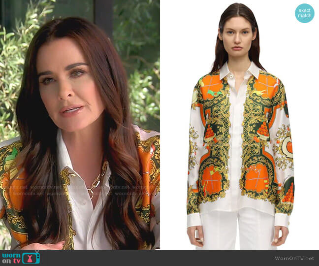 Les Parfums Print Silk Shirt by Casablanca worn by Kyle Richards on The Real Housewives of Beverly Hills