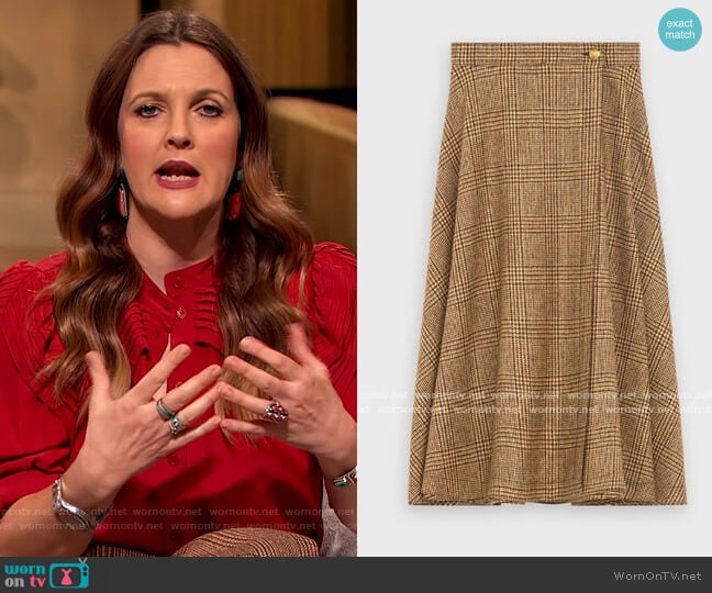 70's check midi skirt by Celine worn by Drew Barrymore on The Drew Barrymore Show