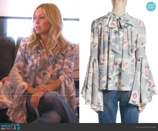 Flutter Sleeve Floral Print Silk Blouse by Co worn by Sutton Stracke on The Real Housewives of Beverly Hills