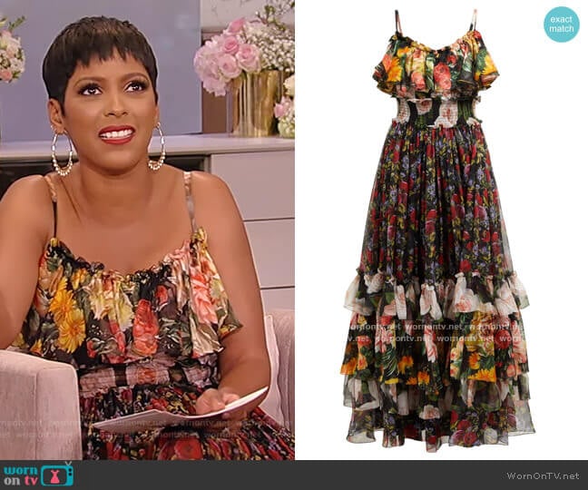 Floral-print tiered silk-chiffon gown by Dolce & Gabbana worn by Tamron Hall on Tamron Hall Show