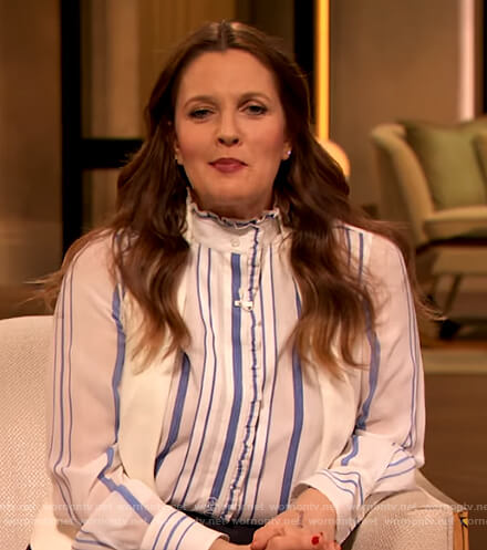 Drew’s white striped ruffle neck blouse on The Drew Barrymore Show
