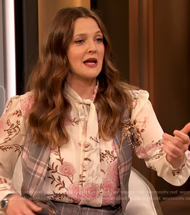 Drew’s floral print tie neck blouse on The Drew Barrymore Show