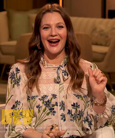 Drew's white floral blouse on The Drew Barrymore Show