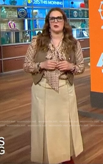 Drew Barrymore’s geometric blouse and pleated midi skirt on CBS This Morning