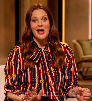 Drew’s chain print tie neck blouse on The Drew Barrymore Show