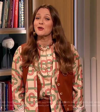 Drew’s printed blouse and vest on The Drew Barrymore Show