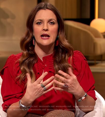 Drew’s red ruffle trim blouse on The Drew Barrymore Show