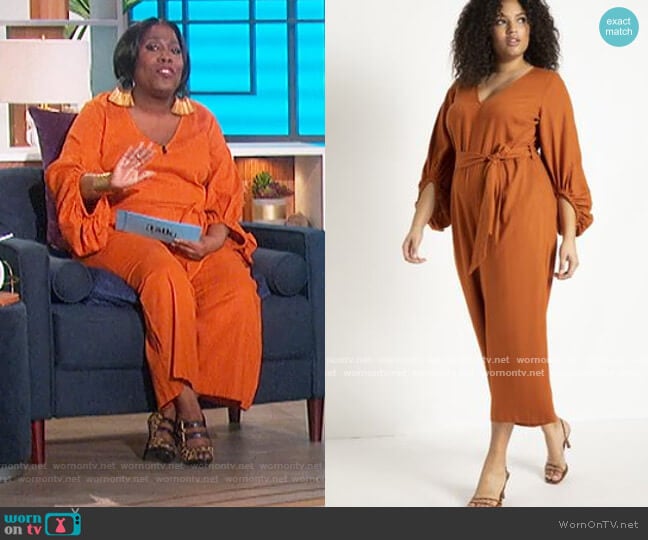 Puff Sleeve Linen Jumpsuit by Eloquii worn by Sheryl Underwood on The Talk