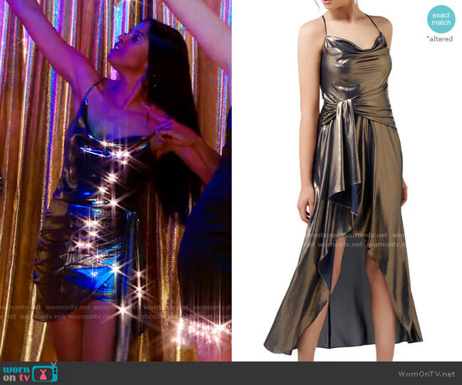 Ever New Charli Metallic Cowl Neck Maxi Dress worn by Wickie Roy (Renée Elise Goldsberry) on Girls5eva