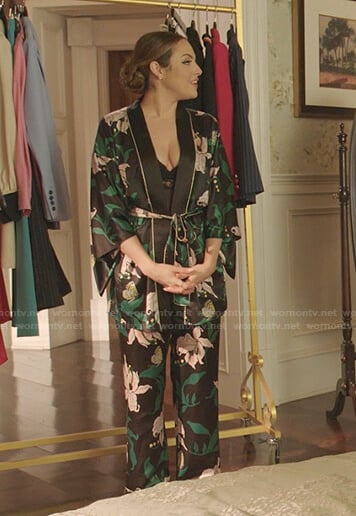 Fallon's black lily print robe and pants on Dynasty