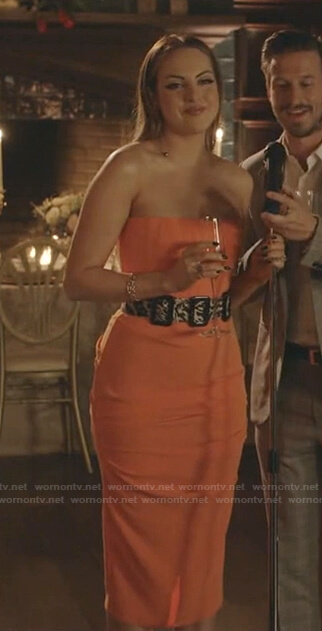 Fallon's orange strapless dress on Dynasty