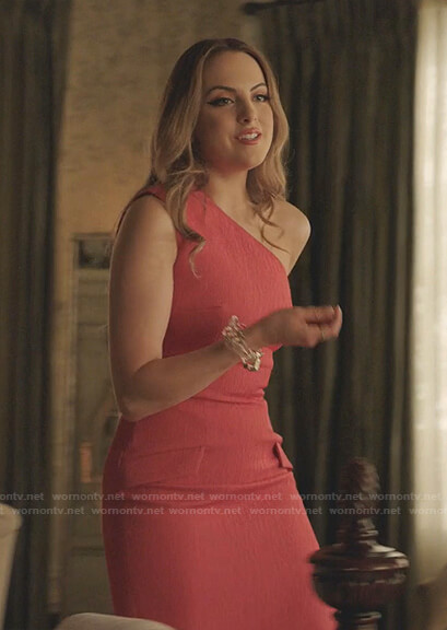 Fallon's coral one-shoulder dress on Dynasty