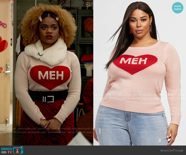Fashion to Figure Meh Heart Sweater worn by Kourtney (Dara Renee) on High School Musical The Musical The Series