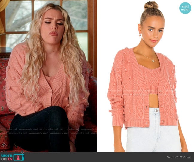 For Love & Lemons Florentina Sweater Tank and Cardigan worn by Summer Dutkowsky (Busy Philipps) on Girls5eva