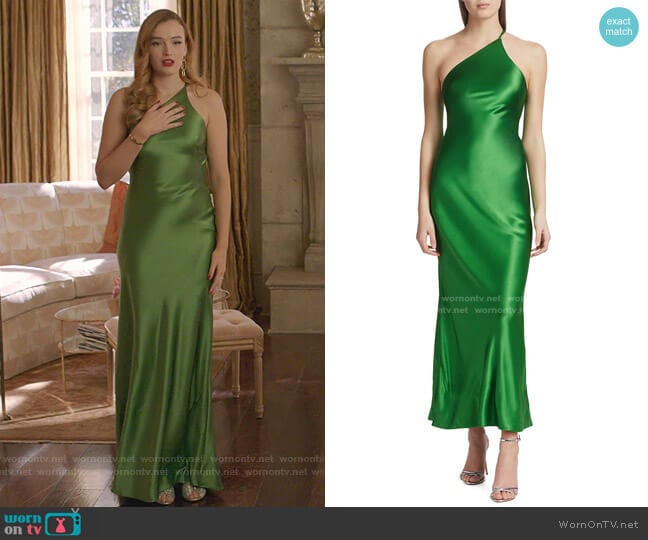 Roxy One-Shoulder Satin Dress by Galvan worn by Kirby Anders (Maddison Brown) on Dynasty