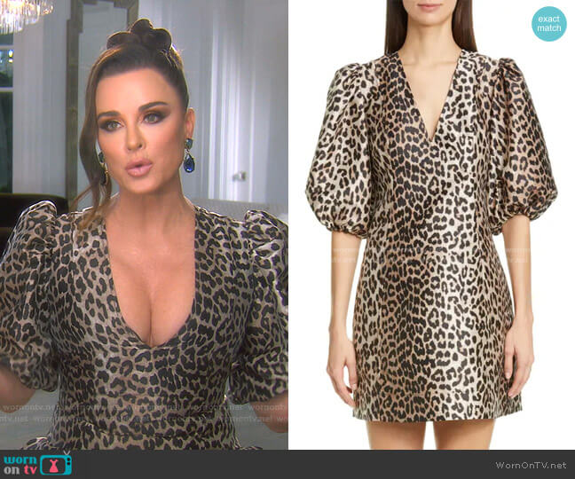 Leopard Jacquard Puff Sleeve Minidress by Ganni worn by Kyle Richards on The Real Housewives of Beverly Hills