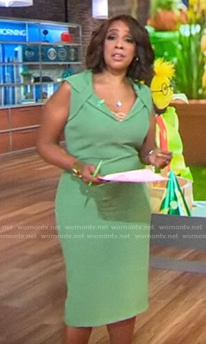 Gayle King’s green folded neckline dress on CBS Mornings