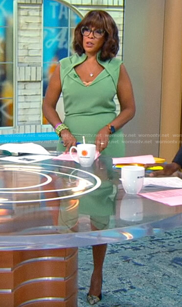 Gayle King’s green folded neckline dress on CBS Mornings