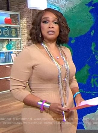 Gayle King’s beige ribbed v-neck dress on CBS Mornings