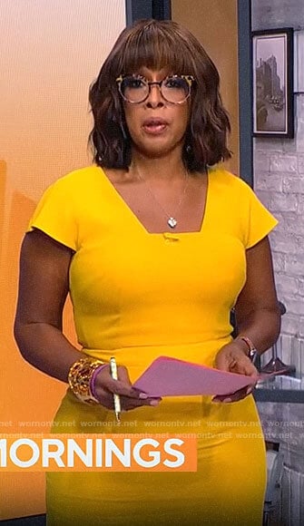 Gayle’s yellow square neck dress on CBS Mornings