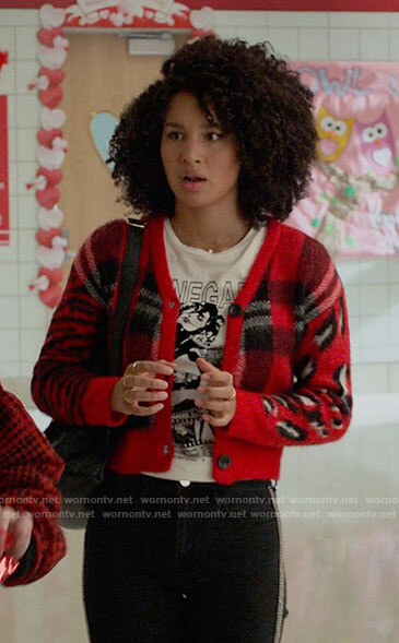 Gina’s red plaid and animal print cardigan and graphic tee on High School Musical The Musical The Series