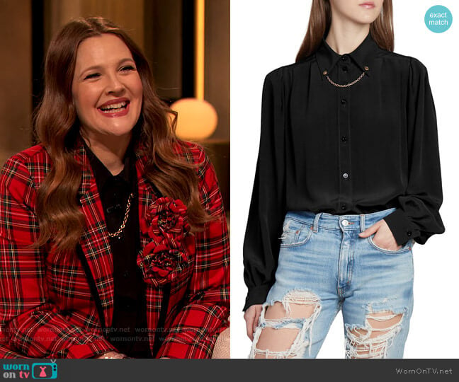 Chain-Trimmed Silk Blouse by Givenchy worn by Drew Barrymore on The Drew Barrymore Show