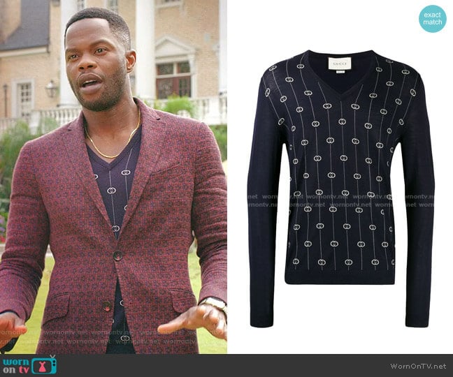 G Stripe V-neck jumper by Gucci worn by Jeff Colby (Sam Adegoke) on Dynasty