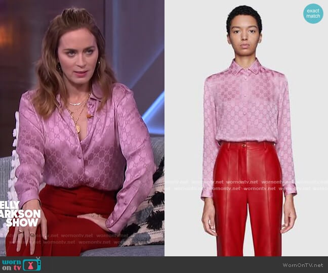 GG monogram printed shirt by Gucci worn by Emily Blunt on The Kelly Clarkson Show