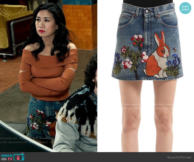 Gucci Embroidered Stained Denim Mini Skirt worn by Melody Bayani (Liza Lapira) on The Equalizer