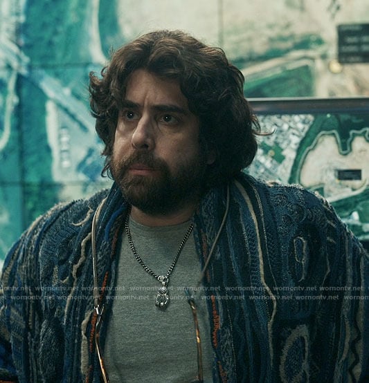 Harry’s blue textured cardigan on The Equalizer