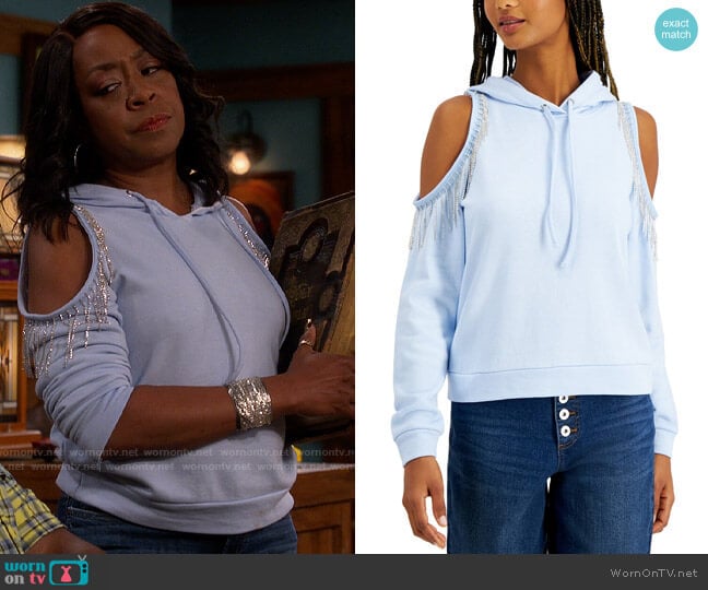 INC International Concepts Cold-Shoulder Fringe Hoodie worn by Tina Butler (Tichina Arnold) on The Neighborhood