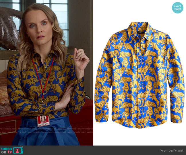 J. Crew Sleepy Lions Silk Twill Button-Up Shirt worn by Miss Jenn (Kate Reinders) on High School Musical The Musical The Series