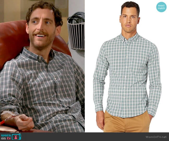 J. Crew Slim Stretch Secret Wash Shirt in Study Club Plaid Organic Cotton worn by Drew Dunbar (Thomas Middleditch) on B Positive